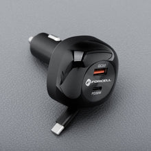 Заредете изображение във визуализатора на галерията – FORCELL F-ENERGY Alu car charger with retractable cable Type C and Type C + USB A sockets PD QC4.0 SFC2.0 3A 75W black
