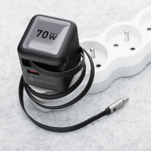 Заредете изображение във визуализатора на галерията – FORCELL F-ENERGY GaN III VT-R7 travel charger with retractable cable Type C and 1x Type C, 1x USB A charging ports PD QC4.0 3A 70W gray
