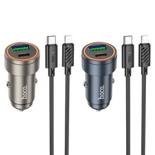 Заредете изображение във визуализатора на галерията – Car charger Hoco USB A + USB C QC3.0 PD 30W + cable USB C to Lightning Z57A black
