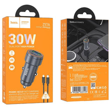 Заредете изображение във визуализатора на галерията – Car charger Hoco USB A + USB C QC3.0 PD 30W + cable USB C to Lightning Z57A black
