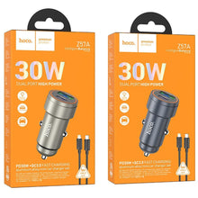 Заредете изображение във визуализатора на галерията – Car charger Hoco USB A + USB C QC3.0 PD 30W + cable USB C to Lightning Z57A black
