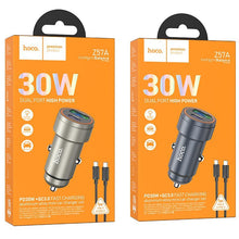Заредете изображение във визуализатора на галерията – Car charger Hoco USB A + USB C QC3.0 PD 30W + cable USB C to USB C Z57A black
