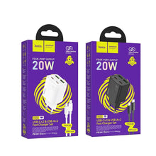 Заредете изображение във визуализатора на галерията – HOCO charger 2 x Type C + 2 x USB A + cable Type C to Lightning PD QC3.0 3A 20W N55 black
