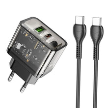 Заредете изображение във визуализатора на галерията – HOCO wall charger USB A + Type C + cable Type C to Type C PD QC3.0 3A 20W N34 transparnent
