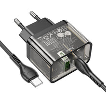 Заредете изображение във визуализатора на галерията – HOCO wall charger USB A + Type C + cable Type C to Type C PD QC3.0 3A 20W N34 transparnent
