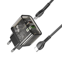 Заредете изображение във визуализатора на галерията – HOCO wall charger USB A + Type C + cable Type C to Type C PD QC3.0 3A 20W N34 transparnent
