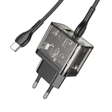Заредете изображение във визуализатора на галерията – HOCO wall charger USB A + Type C + cable Type C to Type C PD QC3.0 3A 20W N34 transparnent
