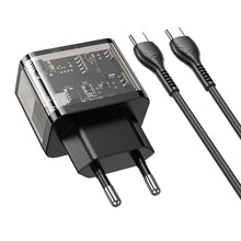 Заредете изображение във визуализатора на галерията – HOCO wall charger USB A + Type C + cable Type C to Type C PD QC3.0 3A 20W N34 transparnent
