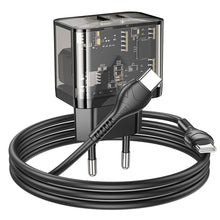 Заредете изображение във визуализатора на галерията – HOCO wall charger USB A + Type C + cable Type C to Type C PD QC3.0 3A 20W N34 transparnent
