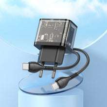 Заредете изображение във визуализатора на галерията – HOCO wall charger USB A + Type C + cable Type C to Type C PD QC3.0 3A 20W N34 transparnent
