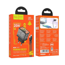 Заредете изображение във визуализатора на галерията – HOCO wall charger USB A + Type C + cable Type C to Type C PD QC3.0 3A 20W N34 transparnent
