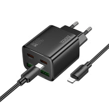 Заредете изображение във визуализатора на галерията – HOCO charger 2 x Type C + 2 x USB A + cable Type C to Lightning PD QC3.0 3A 30W N56 black
