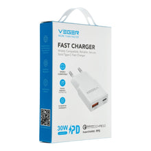 Заредете изображение във визуализатора на галерията – VEGER wall charger USB A + USB C QC PD 30W 30W1A1C white
