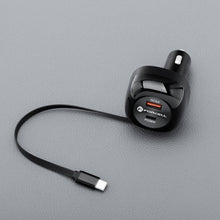 Заредете изображение във визуализатора на галерията – FORCELL F-ENERGY Alu car charger with retractable cable Type C and Type C + USB A sockets PD QC4.0 SFC2.0 3A 75W black
