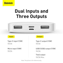 Заредете изображение във визуализатора на галерията – Baseus Bipow powerbank with display 10000mAh 15W white (Overseas Edition) + USB-A - Micro USB 0.25m cable white (PPBD050002)

