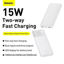 Заредете изображение във визуализатора на галерията – Baseus Bipow powerbank with display 10000mAh 15W white (Overseas Edition) + USB-A - Micro USB 0.25m cable white (PPBD050002)
