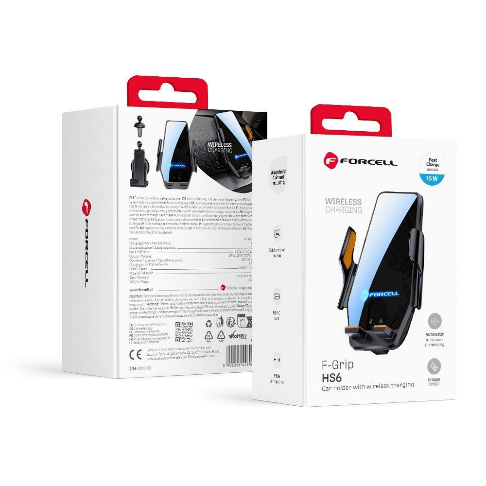 Forcell F-GRIP HS6 car holder with wireless charger with glass and air vent mount black