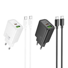 Заредете изображение във визуализатора на галерията – HOCO wall charger USB A + Type C + cable Type C to Type C PD QC3.0 3A 20W N61 black
