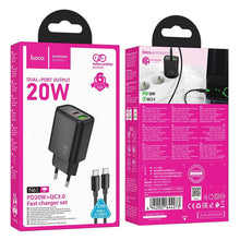 Заредете изображение във визуализатора на галерията – HOCO wall charger USB A + Type C + cable Type C to Type C PD QC3.0 3A 20W N61 black

