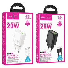 Заредете изображение във визуализатора на галерията – HOCO wall charger USB A + Type C + cable Type C to Type C PD QC3.0 3A 20W N61 black
