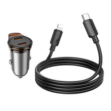 Заредете изображение във визуализатора на галерията – HOCO car charger 2 x Type C + cable Type C to Lightning PD QC 45W NZ16B metal gray
