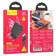 Заредете изображение във визуализатора на галерията – HOCO slim wall charger USB A + Type C with Type C to Lightning cable PD QC3.0 3A 20W N38 black
