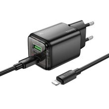 Заредете изображение във визуализатора на галерията – HOCO wall charger USB A + Type C + cable Type C to Lightning PD QC3.0 3A 20W N52 black
