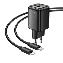 Заредете изображение във визуализатора на галерията – HOCO wall charger USB A + Type C + cable Type C to Lightning PD QC3.0 3A 20W N52 black
