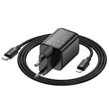 Заредете изображение във визуализатора на галерията – HOCO wall charger USB A + Type C + cable Type C to Lightning PD QC3.0 3A 20W N52 black

