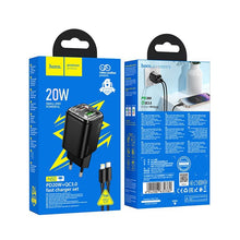 Заредете изображение във визуализатора на галерията – HOCO wall charger USB A + Type C + cable Type C to Lightning PD QC3.0 3A 20W N52 black

