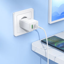 Заредете изображение във визуализатора на галерията – Phone charger Hoco USB A + USB C QC3.0 PD AFC 3A 30W + Кабел USB C към USB C N71 бял
