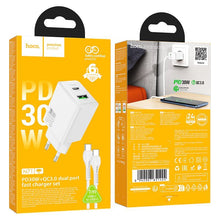 Заредете изображение във визуализатора на галерията – Phone charger Hoco USB A + USB C QC3.0 PD AFC 3A 30W + Кабел USB C към USB C N71 бял
