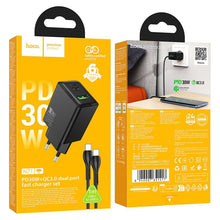Заредете изображение във визуализатора на галерията – Phone charger Hoco USB A + USB C QC3.0 PD AFC 3A 30W + Кабел USB C към USB C N71 черен
