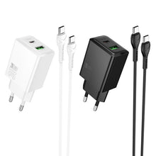 Заредете изображение във визуализатора на галерията – Phone charger Hoco USB A + USB C QC3.0 PD AFC 3A 30W + Кабел USB C към USB C N71 черен
