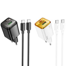 Заредете изображение във визуализатора на галерията – Phone charger Hoco USB A + USB C QC3.0 PD 3A 20W + Кабел USB C към USB C N52 бял
