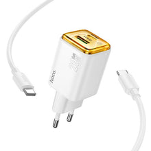 Заредете изображение във визуализатора на галерията – Phone charger Hoco USB A + USB C QC3.0 PD 3A 20W + Кабел USB C към USB C N52 бял
