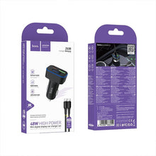 Заредете изображение във визуализатора на галерията – Car charger Hoco USB A + USB C PD QC3.0 48W + cable USB C to C Z63B black
