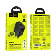 Заредете изображение във визуализатора на галерията – Phone charger Hoco 2x USB C + USB A QC3.0 PD 3A 65W N75 black

