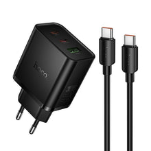 Заредете изображение във визуализатора на галерията – Phone charger Hoco 2x USB C + USB A QC3.0 PD 3A 65W + data Кабел USB C към USB C N75 черен
