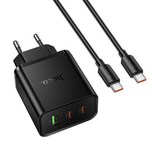 Заредете изображение във визуализатора на галерията – Phone charger Hoco 2x USB C + USB A QC3.0 PD 3A 65W + data Кабел USB C към USB C N75 черен
