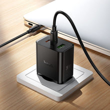 Заредете изображение във визуализатора на галерията – Phone charger Hoco 2x USB C + USB A QC3.0 PD 3A 65W + data Кабел USB C към USB C N75 черен
