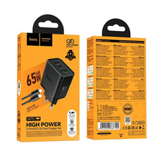 Заредете изображение във визуализатора на галерията – Phone charger Hoco 2x USB C + USB A QC3.0 PD 3A 65W + data Кабел USB C към USB C N75 черен
