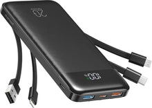 Заредете изображение във визуализатора на галерията – Powerbank Charmast W1148 5V 3A 10000 mAh with built-in cables USB A / USB C / Lightning / Micro USB black
