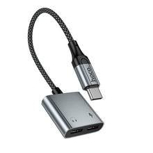 Заредете изображение във визуализатора на галерията – Adapter AUX USB C to 2x USB C max 10W Hoco UPA34A UPA34A gray
