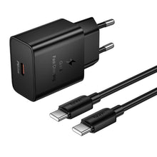 Заредете изображение във визуализатора на галерията – Phone charger Hoco USB C QC PD 25W + Кабел USB C към USB C N76 черен

