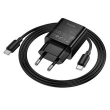 Заредете изображение във визуализатора на галерията – Phone charger Hoco USB C QC PD 25W + Кабел USB C към USB C N76 черен
