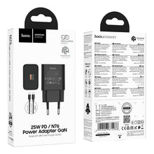 Заредете изображение във визуализатора на галерията – Phone charger Hoco USB C QC PD 25W + Кабел USB C към USB C N76 черен

