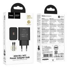 Заредете изображение във визуализатора на галерията – Phone charger Hoco USB C QC PD 45W + Кабел USB C към USB C N77 черен
