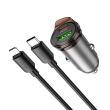 Заредете изображение във визуализатора на галерията – HOCO car charger USB A + Type C + cable Type C to Lightning PD QC3.0 43W NZ16A metal gray

