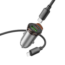 Заредете изображение във визуализатора на галерията – HOCO car charger USB A + Type C + cable Type C to Lightning PD QC3.0 43W NZ16A metal gray
